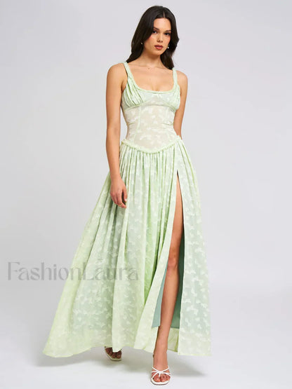 Ulissa Light Green Square Neck Trendy Jacquard Textured High Slit Maxi Dress
