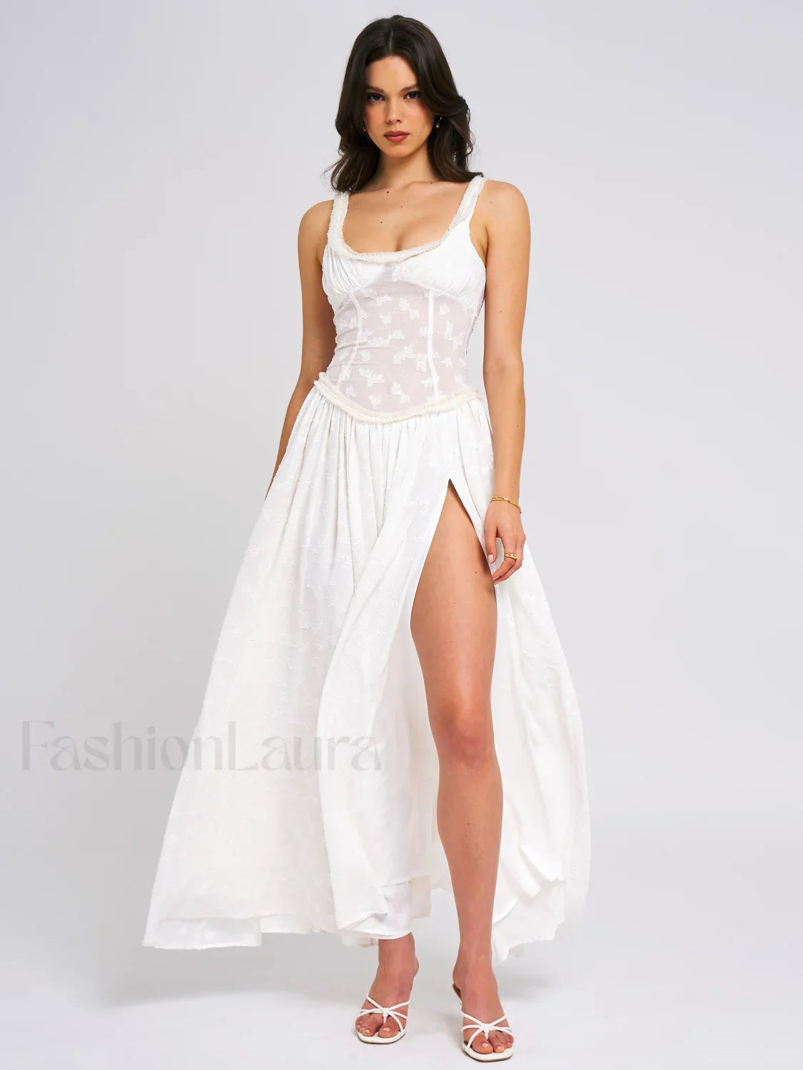 Ulissa White Square Neck Jacquard Trendy Textured High Slit Maxi Dress