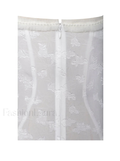 Ulissa White Square Neck Jacquard Trendy Textured High Slit Maxi Dress