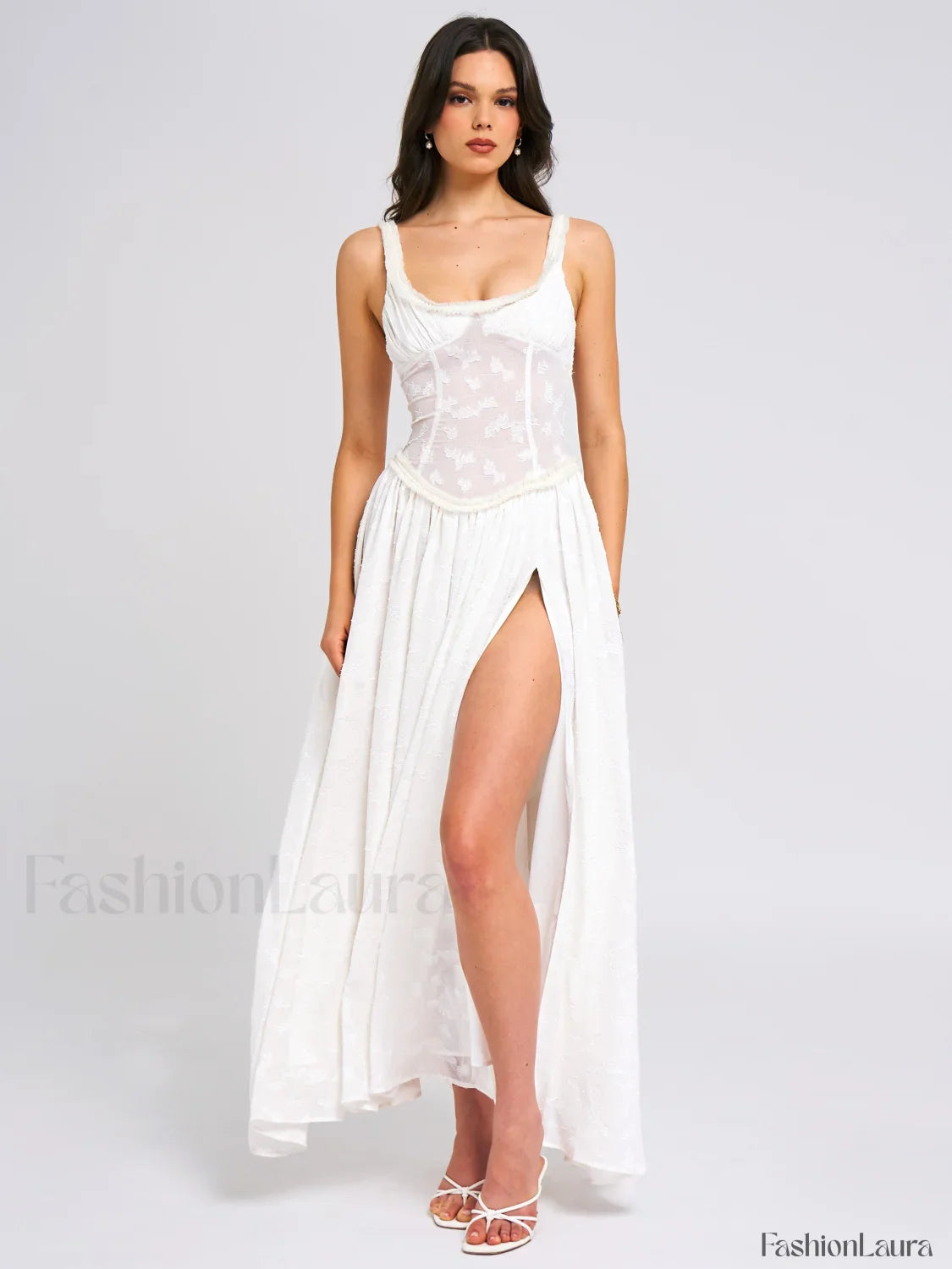 Ulissa White Square Neck Jacquard Trendy Textured High Slit Maxi Dress