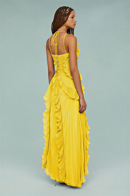 Pleated Frill Halter Neck Maxi Dress