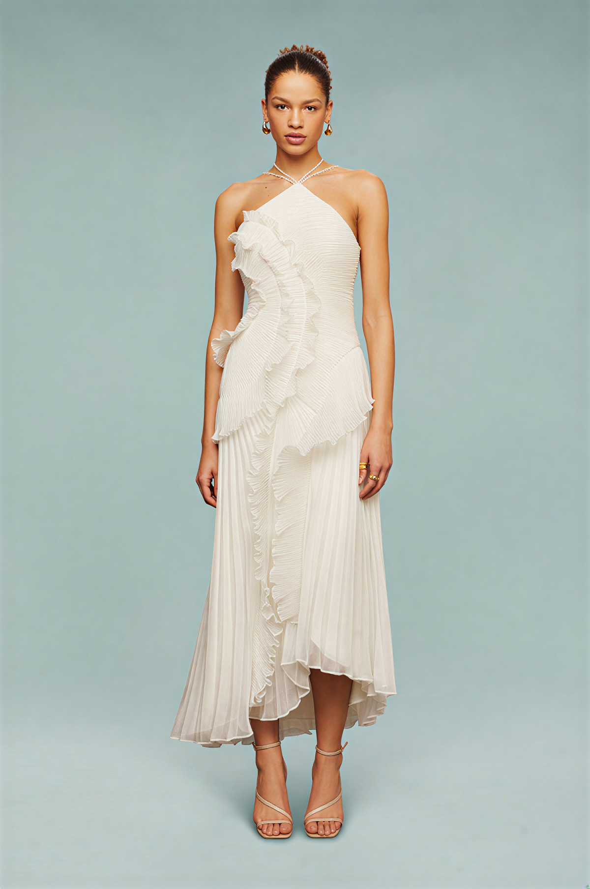 Pleated Frill Halter Neck Maxi Dress