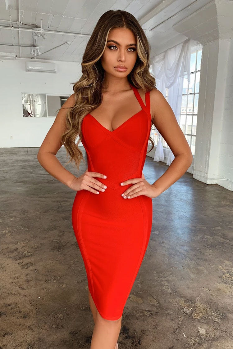 Bandage Deep V-Neck Halter Strap Panel Seam Bodycon Midi Cocktail Mini Dress
