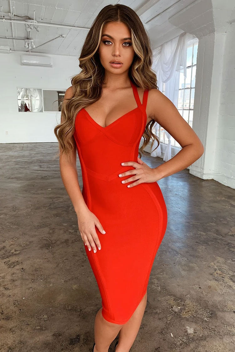 Bandage Deep V-Neck Halter Strap Panel Seam Bodycon Midi Cocktail Mini Dress