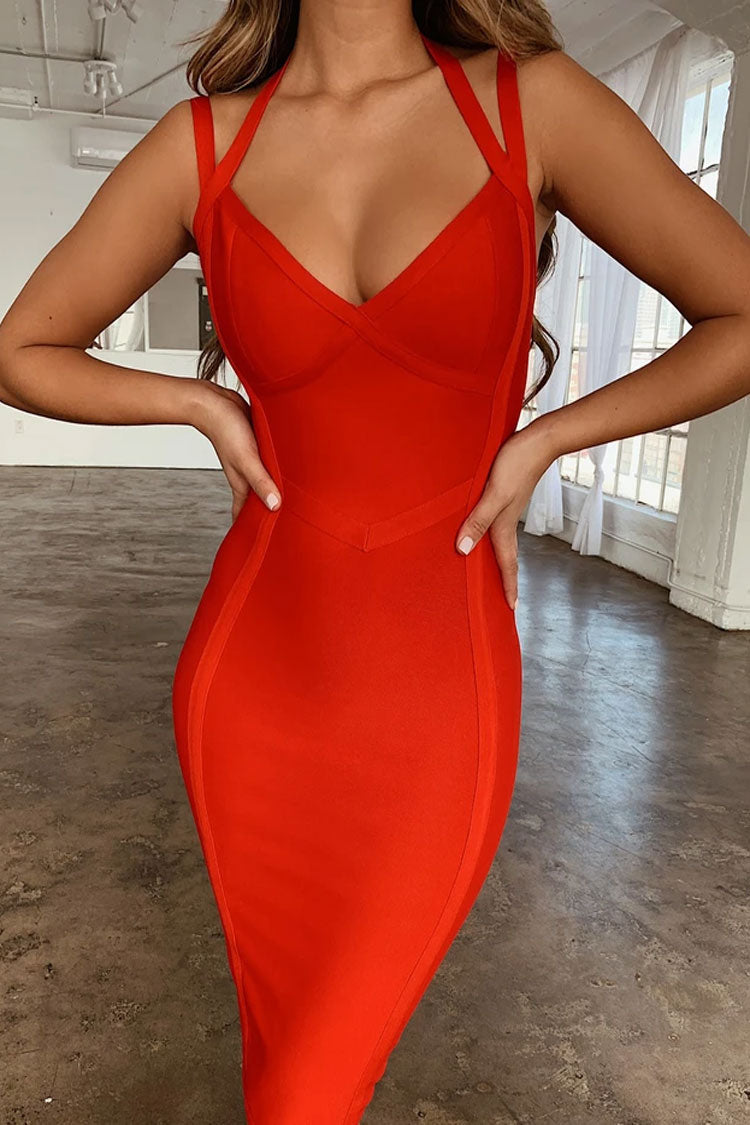 Bandage Deep V-Neck Halter Strap Panel Seam Bodycon Midi Cocktail Mini Dress
