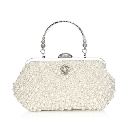 Rhinestone Decorated Top Handle Pearl Clutch Bag in Beige