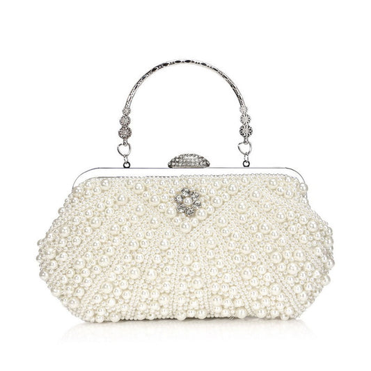 Rhinestone Decorated Top Handle Pearl Clutch Bag in Beige
