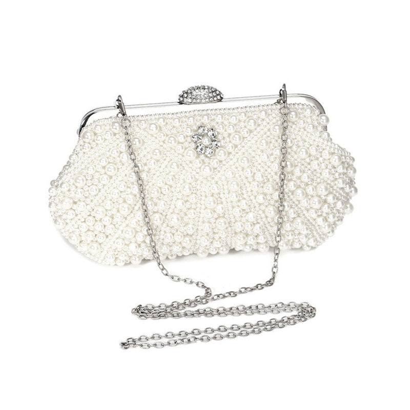 Rhinestone Decorated Top Handle Pearl Clutch Bag in Beige