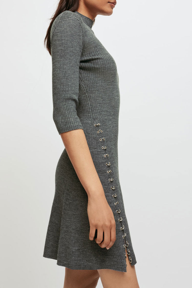 Rib Knit Mock Neck Three-Quarter Sleeve Ring-Detail Side Slit Mini Dress