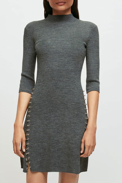 Rib Knit Mock Neck Three-Quarter Sleeve Ring-Detail Side Slit Mini Dress