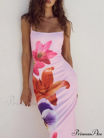 Unique Violet Floral Charming Print Strap Midi Dress