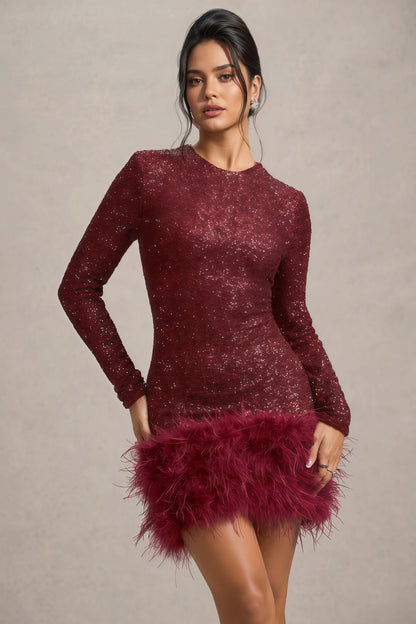 Kuka Red Sequin Feather Mini Dress