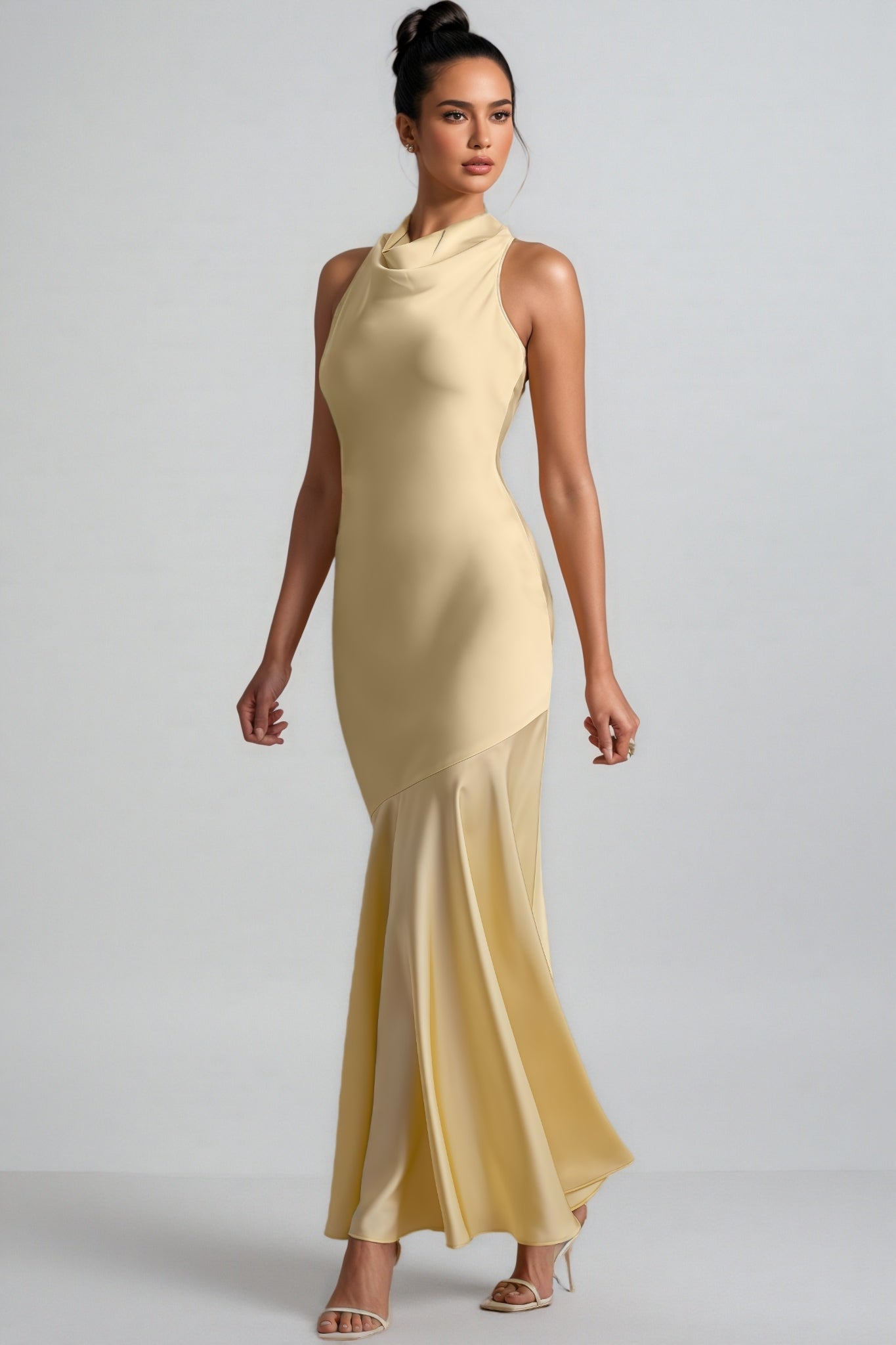 Azurao Yellow Satin Cowl-Neck Maxi Dress