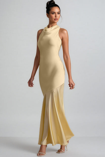 Azurao Yellow Satin Cowl-Neck Maxi Dress