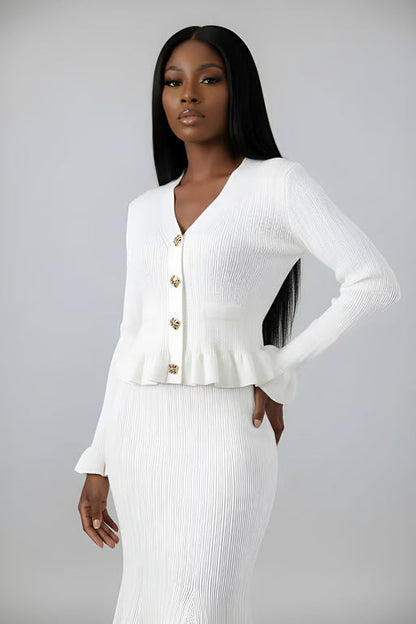 Solid Knit Button Top And Ruffle Mermaid Skirt Set