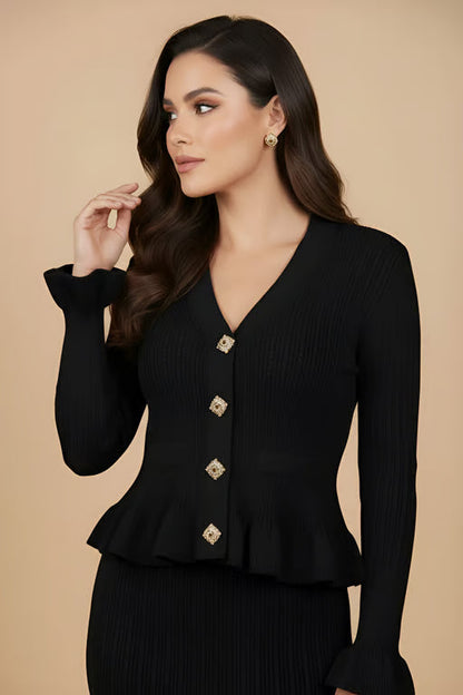 Solid Knit Button Top And Ruffle Mermaid Skirt Set