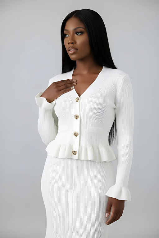 Solid Knit Button Top And Ruffle Mermaid Skirt Set