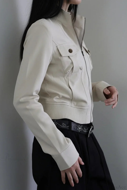 Utility Solid Color Pocket Stand Collar Waist Cinched Jacket