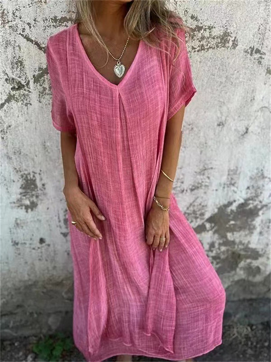 Linen Look Deep V-Neck Short Sleeve Relaxed Shift Maxi Dress