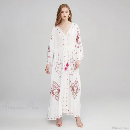 V Collar Embroidery Oversized Casual Cotton Boho Dress