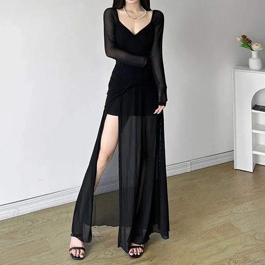 V-Neck Asymmetrical Hem Gothic Full-Length Dress