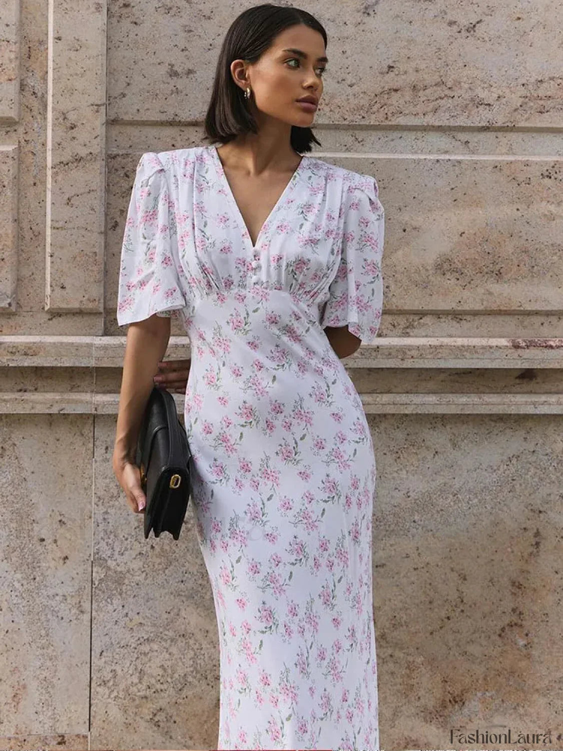 V-Neck Contrast Floral Dress