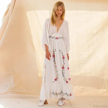 V-neck Embroidery Flower Retro National Boho Dress