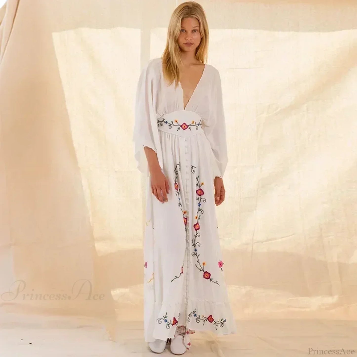 V-neck Embroidery Flower Retro National Boho Dress