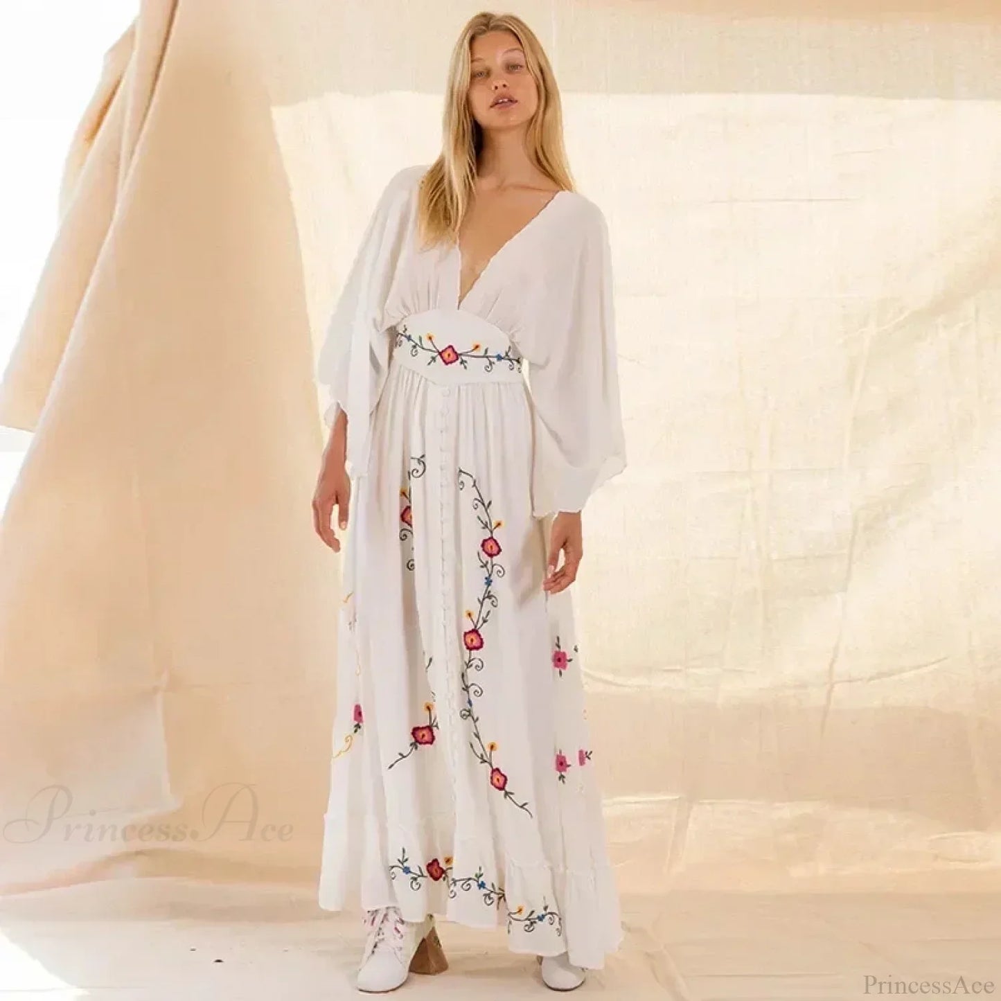 V-neck Embroidery Flower Retro National Boho Dress