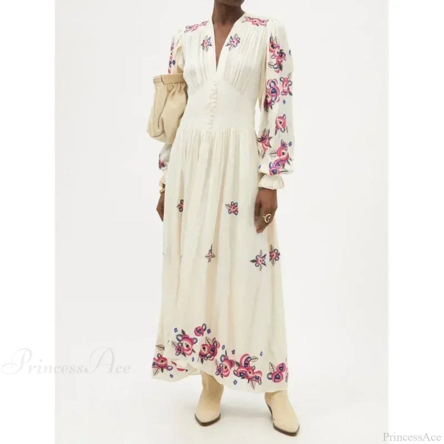 V-neck Floral A-line Lantern Sleeve Cotton Boho Dress