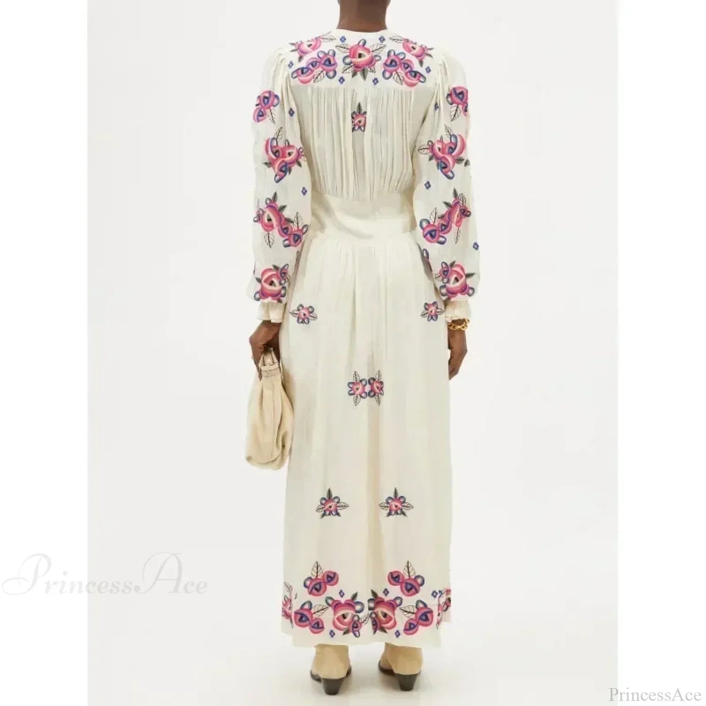 V-neck Floral A-line Lantern Sleeve Cotton Boho Dress