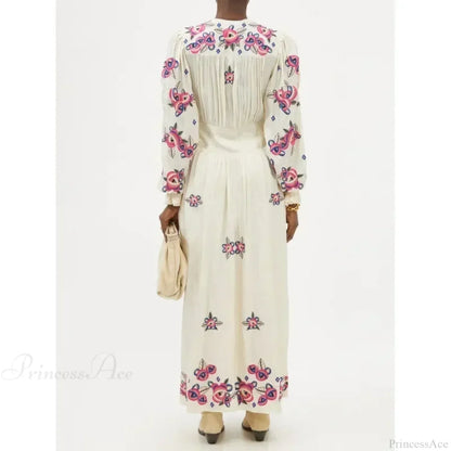 V-neck Floral A-line Lantern Sleeve Cotton Boho Dress