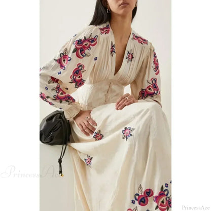 V-neck Floral A-line Lantern Sleeve Cotton Boho Dress