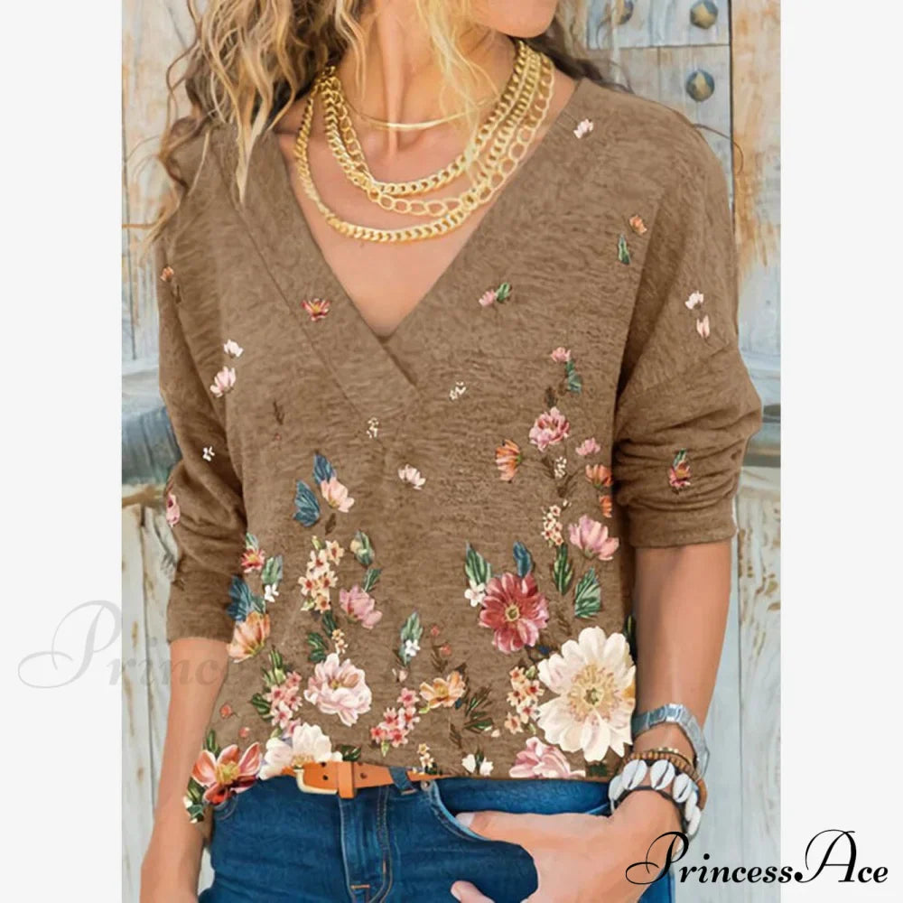 V-neck Flower Print Long-sleeved T-shirt