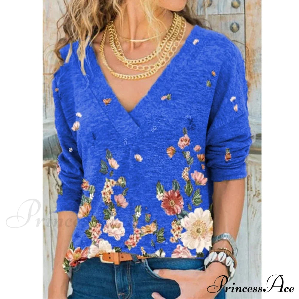 V-neck Flower Print Long-sleeved T-shirt