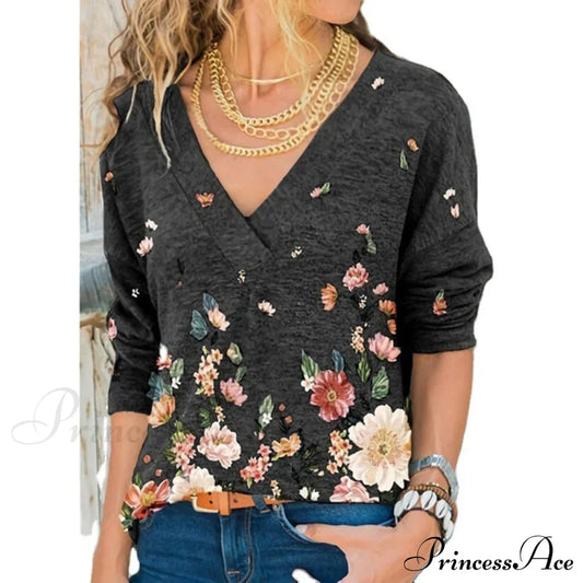 V-neck Flower Print Long-sleeved T-shirt