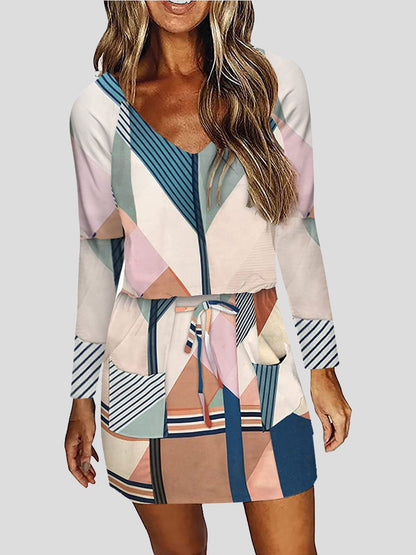 V-Neck Lace-Up Multicolor Printed Long Sleeve Dress