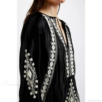 V-neck Lantern Sleeve Free Style Cotton Boho Dress