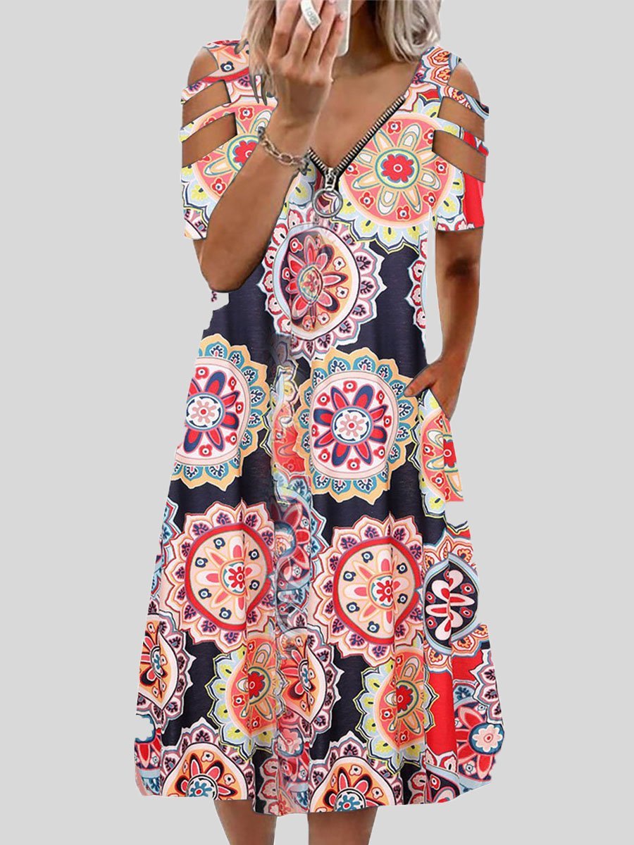 V-neck Printed Zipper Short-sleeved Dress