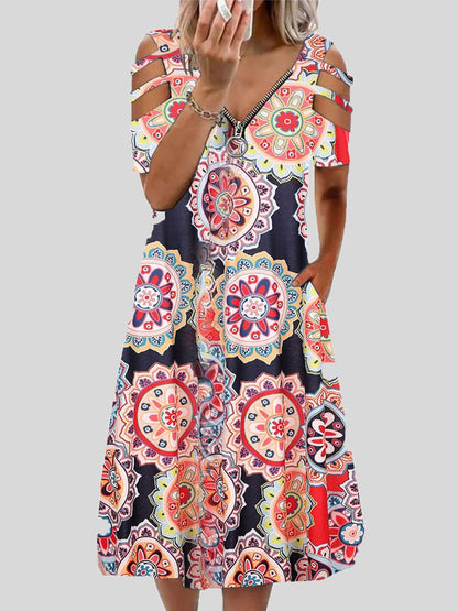 V-neck Printed Zipper Short-sleeved Dress