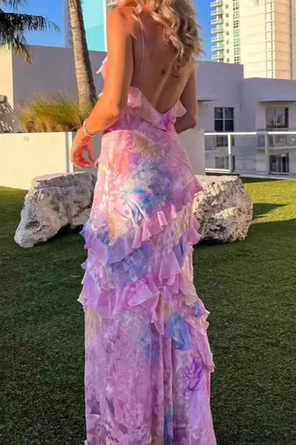 V Neck Ruffled Floral Print Vacation Dress