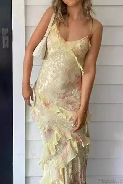 V Neck Ruffled Floral Print Vacation Dress