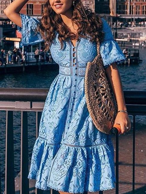 V-neck Short Sleeve Hollow Lace Dress