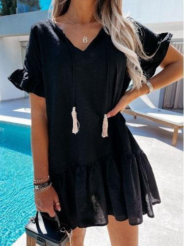 V-neck Short-sleeved Solid Color Short Dress