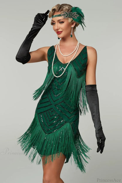 V-Neck Tassel Sequin Party Dress