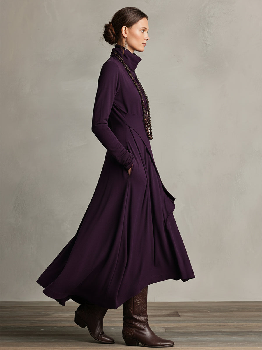 Turtleneck Wrap Front Draped Asymmetrical Hem Knit Pocket Maxi Dress