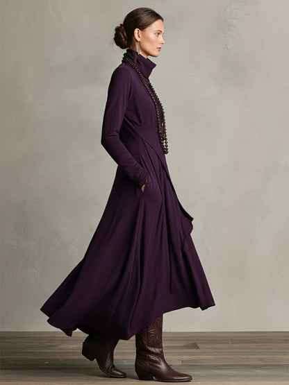 Turtleneck Wrap Front Draped Asymmetrical Hem Knit Pocket Maxi Dress