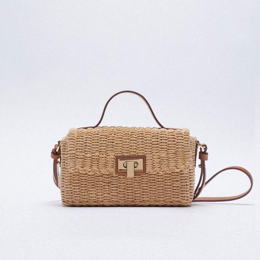 Woven Faux Leather Trim Crossbody Bag - Vacation Ready - Brown