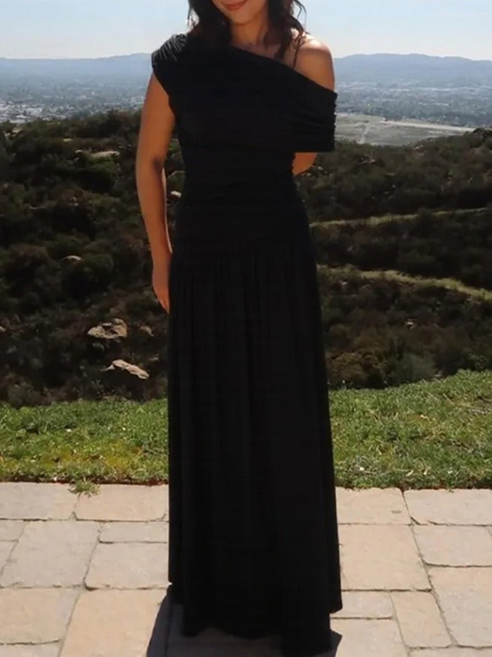 Asymmetric One-Shoulder Ruched Pleated Bodice Maxi Gown