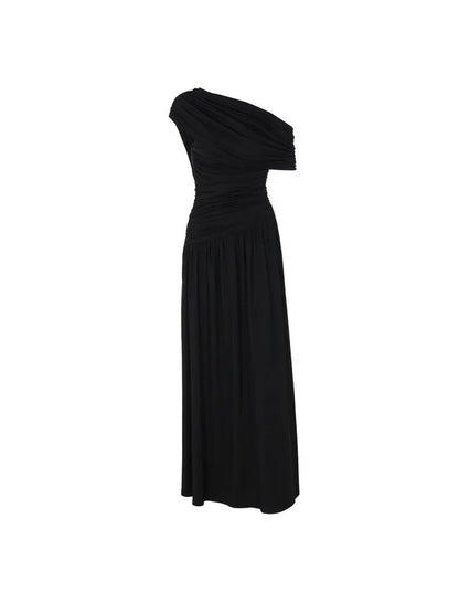 Asymmetric One-Shoulder Ruched Pleated Bodice Maxi Gown